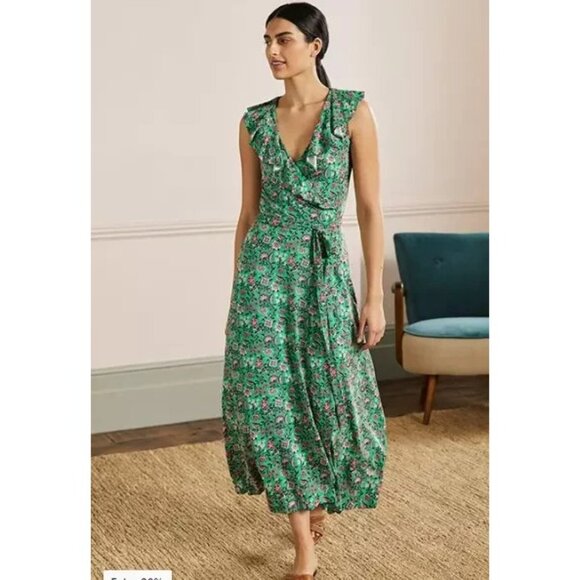 Boden Womens Dress UK 12R US 8  Green Floral Saskia Jersey Maxi Wrap D0174 NWT - Picture 1 of 13